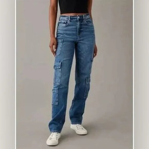 American Eagle | Super High Rise Baggy Straight Cargo Jeans| Size 0 - Picture 1 of 12